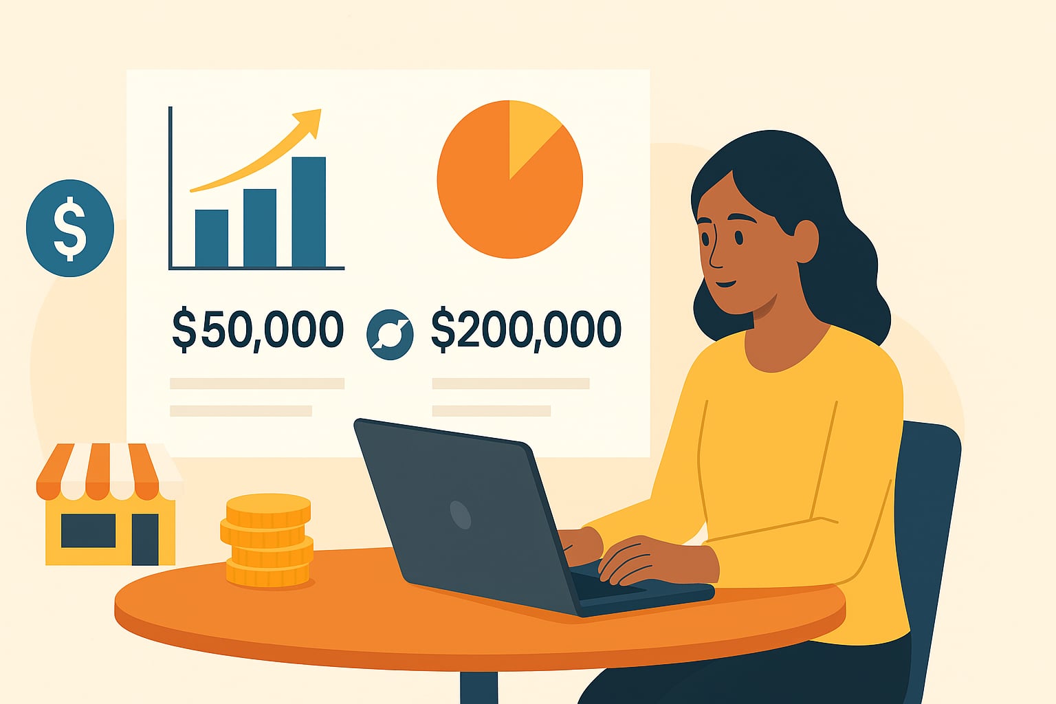 A small business owner at a desk splitting a marketing budget across website, content, ads and SEO.