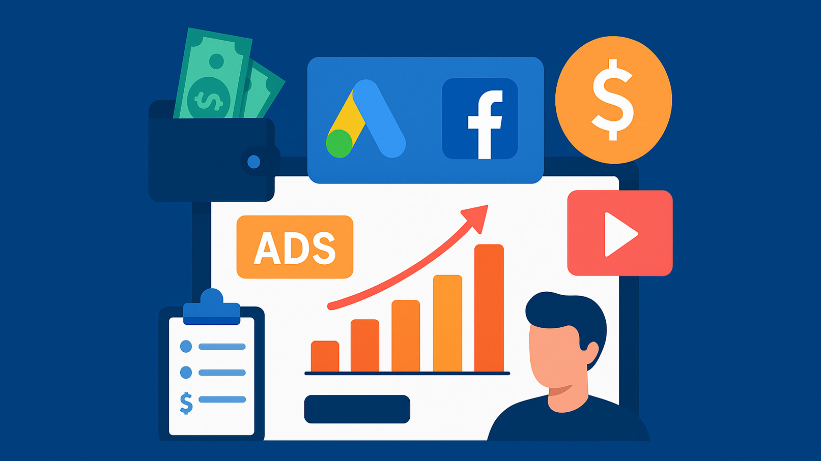 A laptop on a desk showing Google Ads and Meta Ads campaign dashboards side by side.